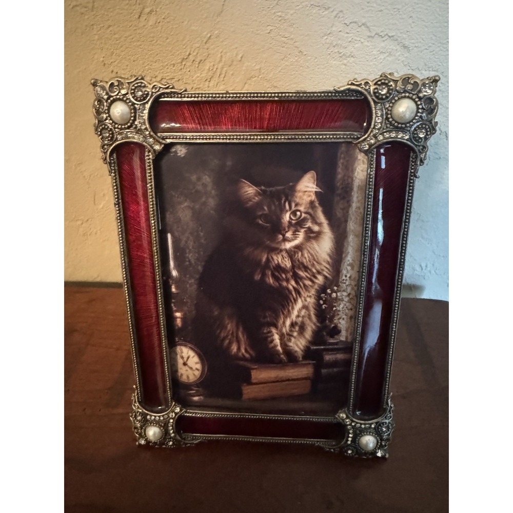 Vintage Bombay Company Red Enamel Rhinestone Pearl Ornate Picture Frame 4x6